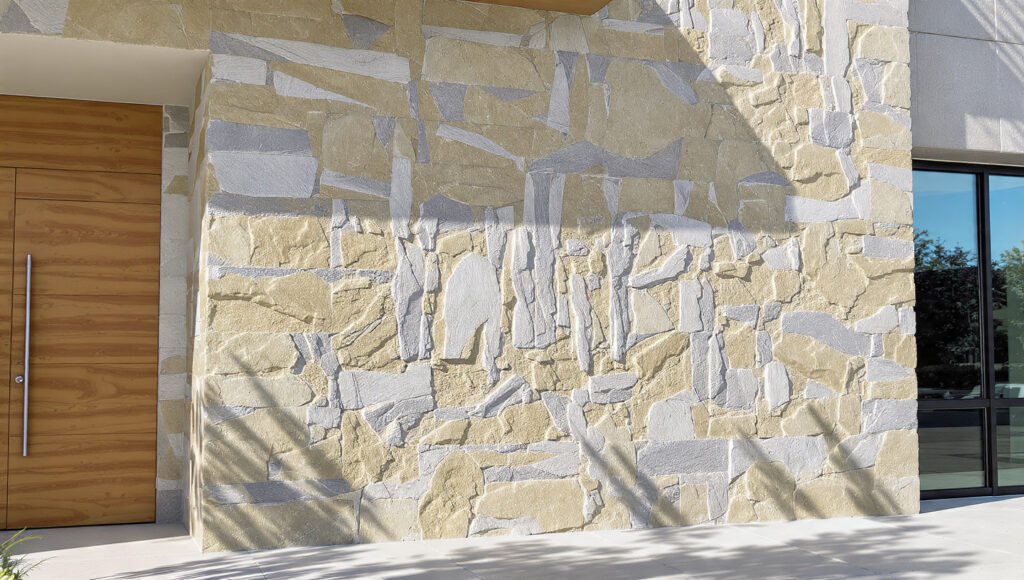 Fachada con mortero decorativo estampado imitación piedra natural